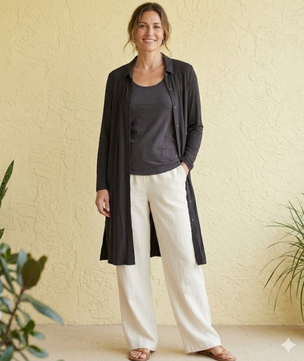 EILEEN FISHER Long Button-Front Shirt Jacket XL Black Stretch Jersey Collared